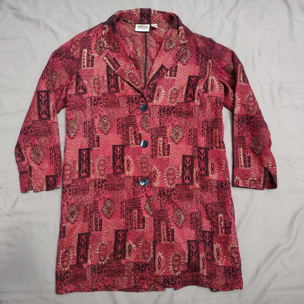 Vintage Chico's Silk Metallic Embroidered Lightweight Jacket Red Gold Size 1